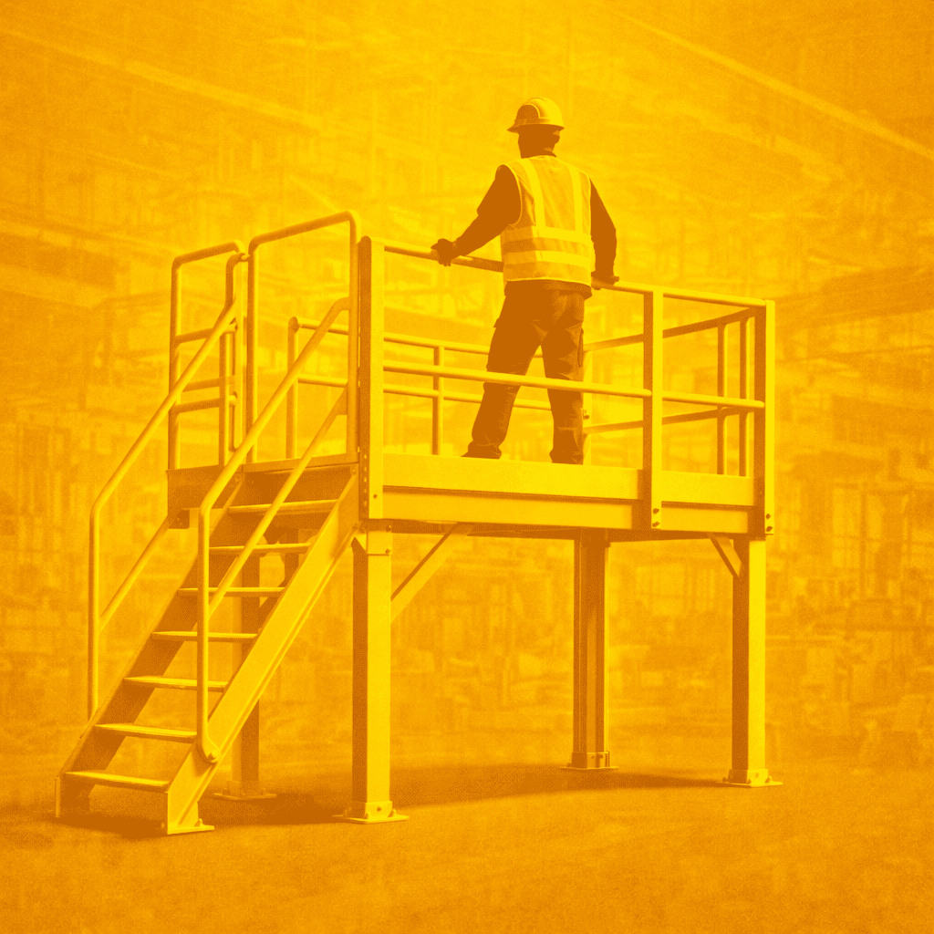 Worker inspecting elevated platform for structural certification compliance.