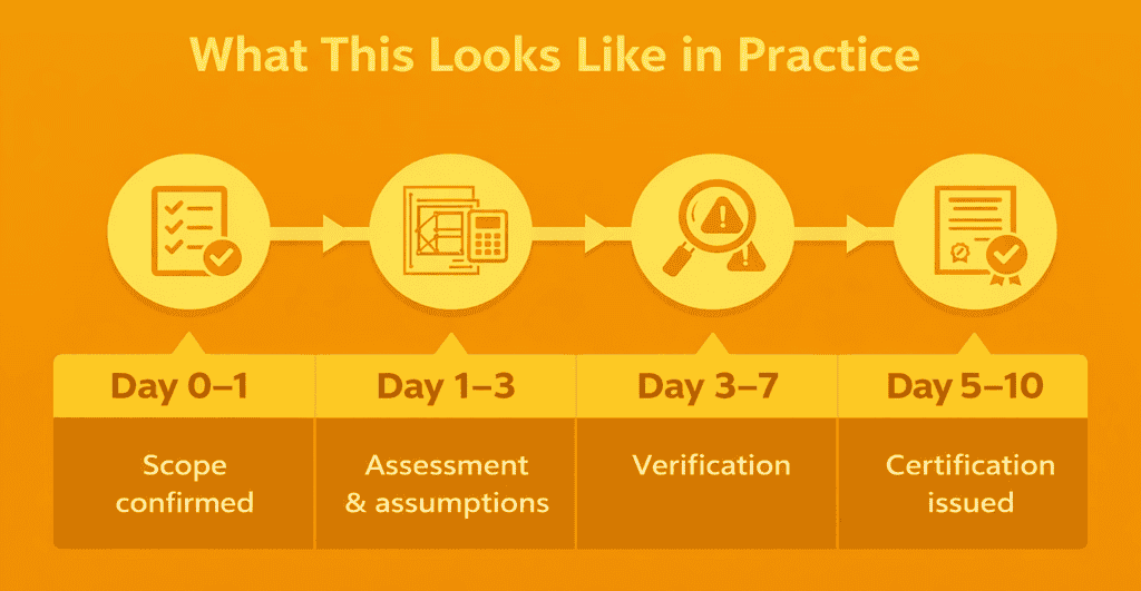 Visual overview of the certification process from scope confirmation to issued certification.