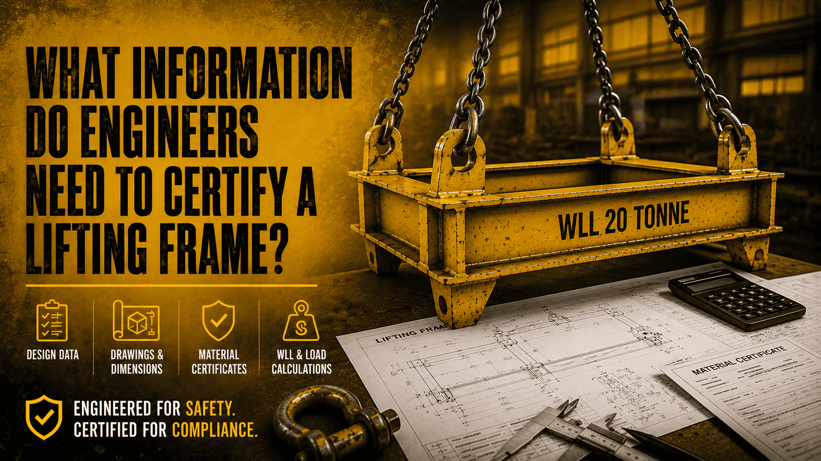 Engineered lifting frame suspended by four chains with certification drawings and engineering compliance documentation